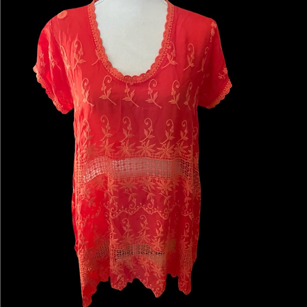 Johnny Was Orange Embroidery tunic blouse eyelet size XS round short sleeve lace - Picture 7 of 16